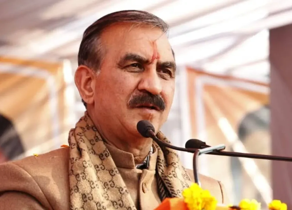 Sukhvinder Singh Sukhu addressing media after Congress-backed candidates secured victory in 32 urban local bodies in Himachal Pradesh.