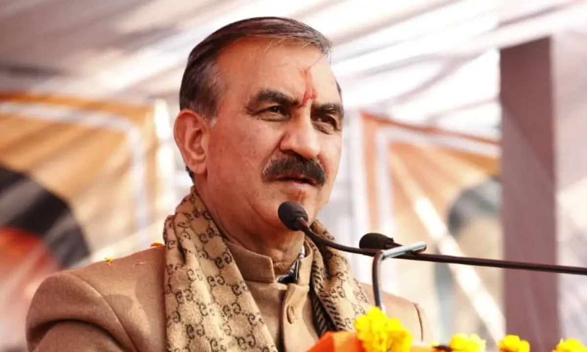 Sukhvinder Singh Sukhu addressing media after Congress-backed candidates secured victory in 32 urban local bodies in Himachal Pradesh.